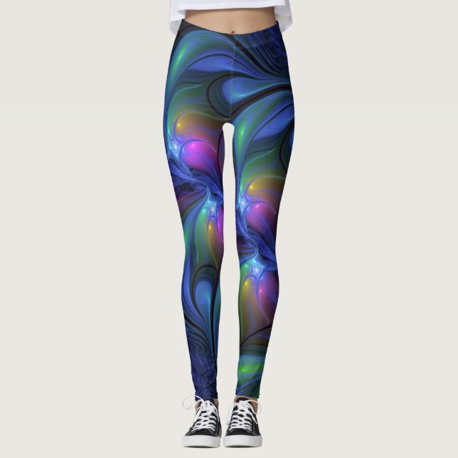 Colorful Luminous Abstract Blue Pink Green Fractal Leggings (Front)