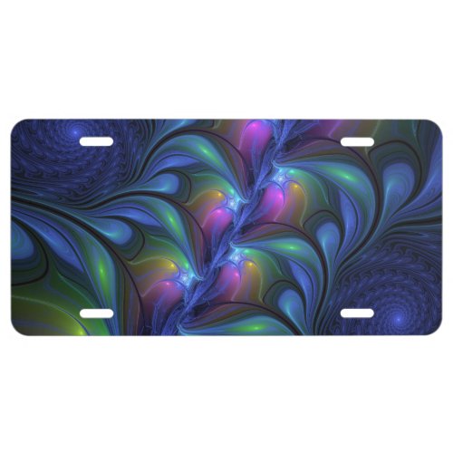 Colorful Luminous Abstract Blue Pink Green Fractal License Plate