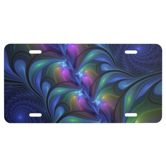 Colorful Luminous Abstract Blue Pink Green Fractal License Plate (Front)