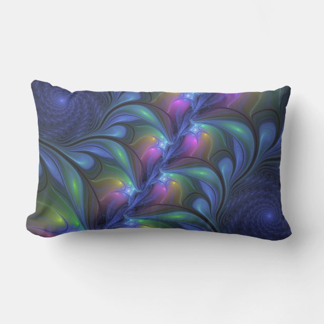 Colorful Luminous Abstract Blue Pink Green Fractal Lumbar Pillow (Front)