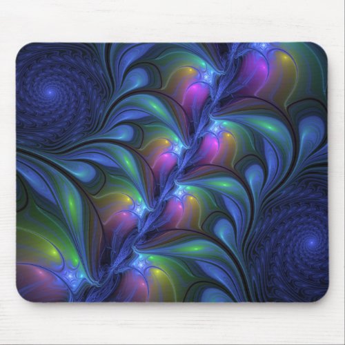 Colorful Luminous Abstract Blue Pink Green Fractal Mouse Pad