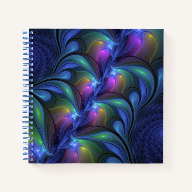 Colorful Luminous Abstract Blue Pink Green Fractal Notebook (Front)