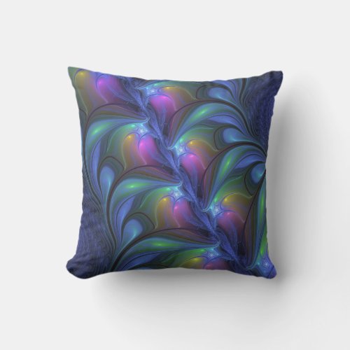 Colorful Luminous Abstract Blue Pink Green Fractal Outdoor Pillow