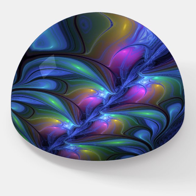 Colorful Luminous Abstract Blue Pink Green Fractal Paperweight (Angled)