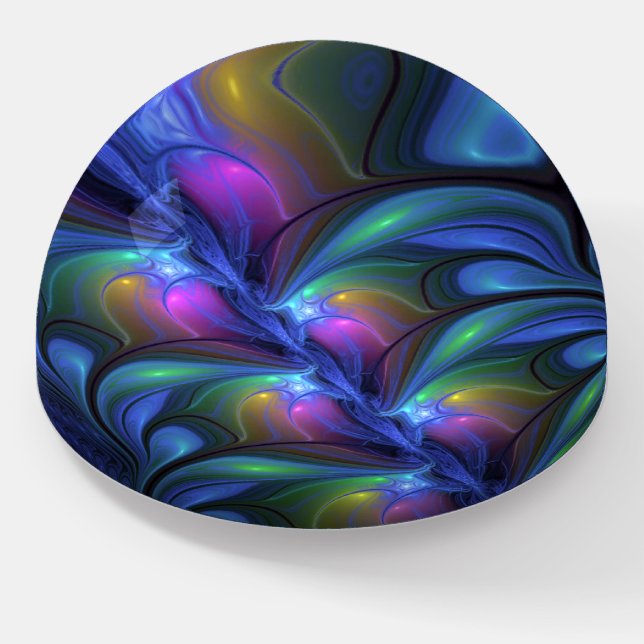 Colorful Luminous Abstract Blue Pink Green Fractal Paperweight (Angled)