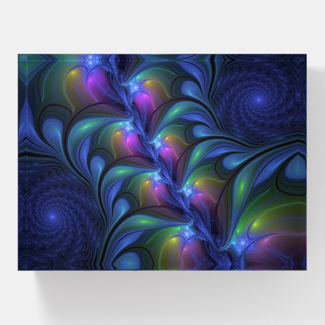 Colorful Luminous Abstract Blue Pink Green Fractal Paperweight (Front)