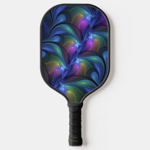 Colorful Luminous Abstract Blue Pink Green Fractal Pickleball Paddle