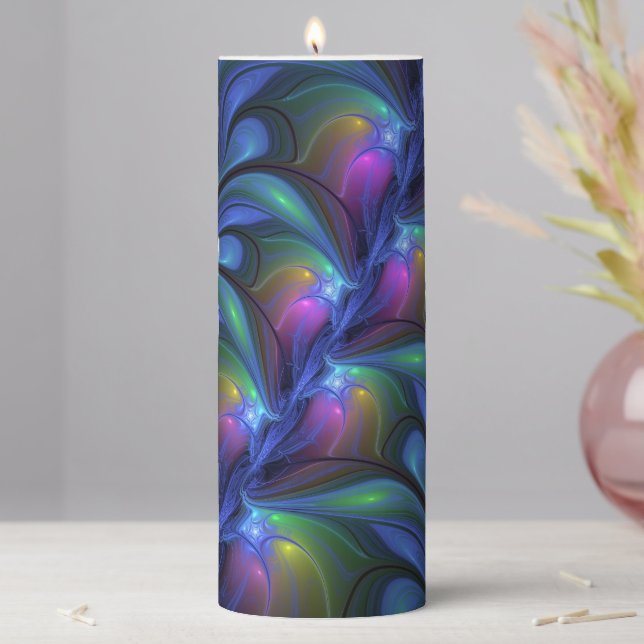 Colorful Luminous Abstract Blue Pink Green Fractal Pillar Candle (In Situ)