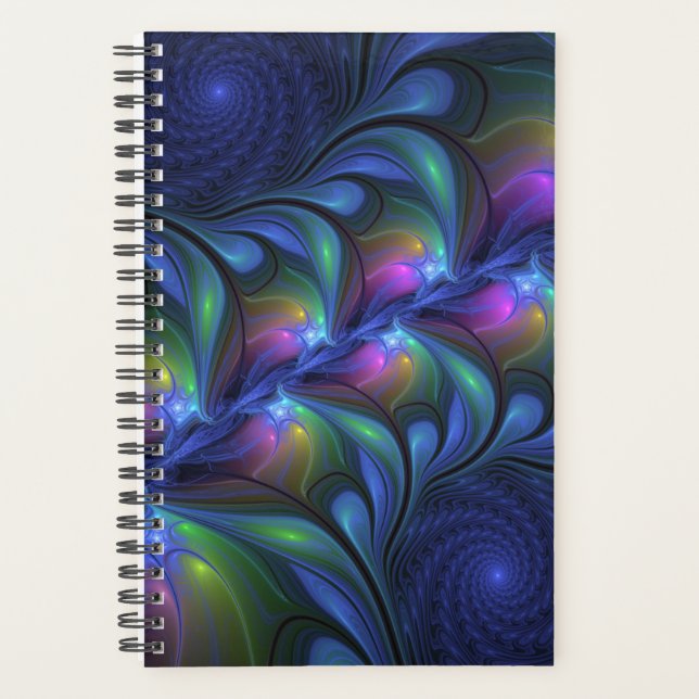 Colorful Luminous Abstract Blue Pink Green Fractal Planner (Front)