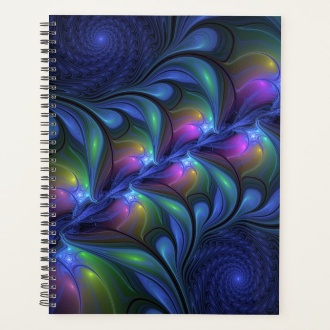 Colorful Luminous Abstract Blue Pink Green Fractal Planner (Front)