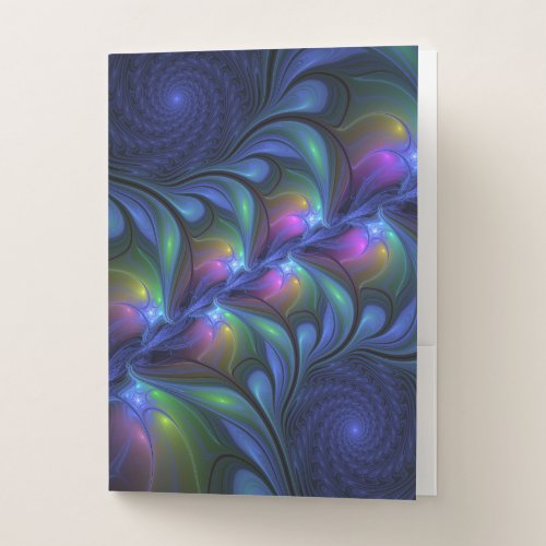 Colorful Luminous Abstract Blue Pink Green Fractal Pocket Folder