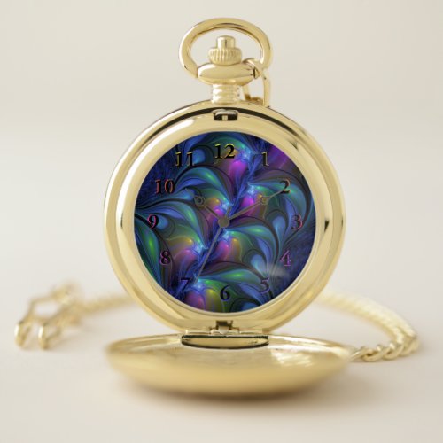 Colorful Luminous Abstract Blue Pink Green Fractal Pocket Watch