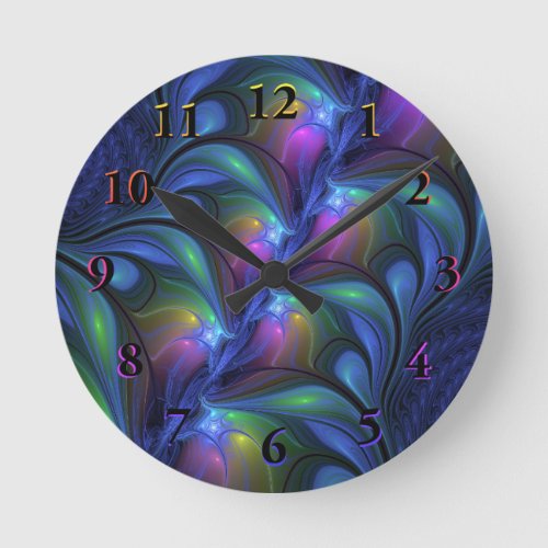 Colorful Luminous Abstract Blue Pink Green Fractal Round Clock