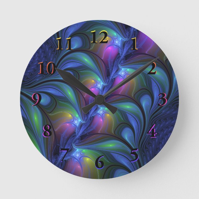 Colorful Luminous Abstract Blue Pink Green Fractal Round Clock (Front)