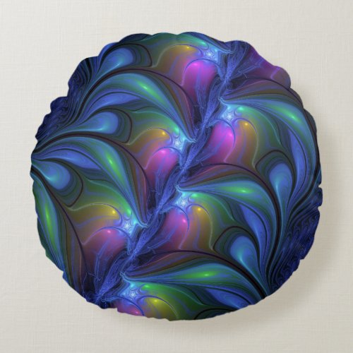 Colorful Luminous Abstract Blue Pink Green Fractal Round Pillow