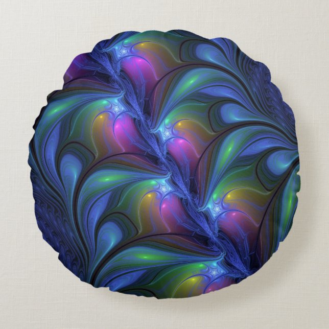 Colorful Luminous Abstract Blue Pink Green Fractal Round Pillow (Front)