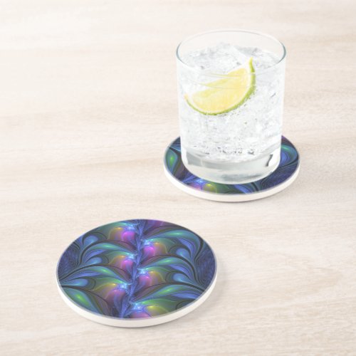 Colorful Luminous Abstract Blue Pink Green Fractal Sandstone Coaster