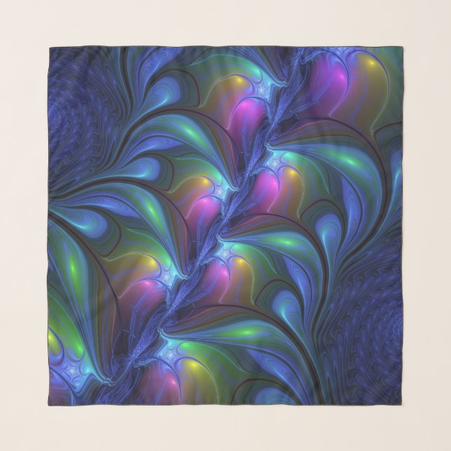 Colorful Luminous Abstract Blue Pink Green Fractal Scarf (Front)