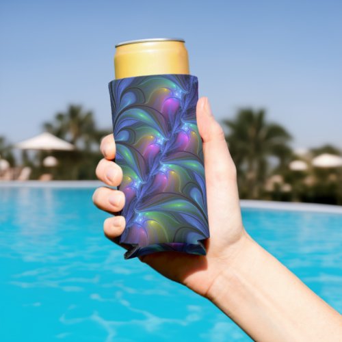 Colorful Luminous Abstract Blue Pink Green Fractal Seltzer Can Cooler