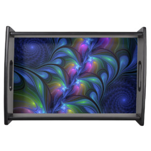 Colorful Luminous Abstract Blue Pink Green Fractal Serving Tray