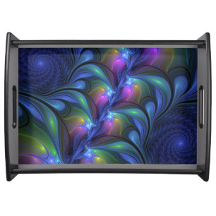 Colorful Luminous Abstract Blue Pink Green Fractal Serving Tray
