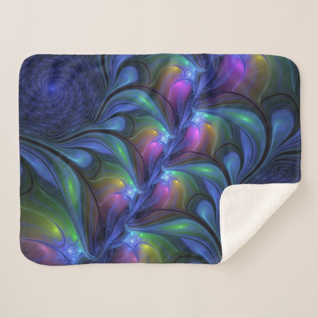 Colorful Luminous Abstract Blue Pink Green Fractal Sherpa Blanket (Front (Horizontal))