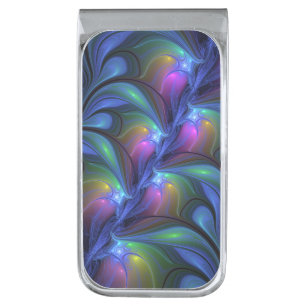 Colorful Luminous Abstract Blue Pink Green Fractal Silver Finish Money Clip