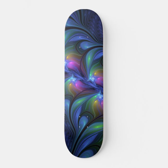 Colorful Luminous Abstract Blue Pink Green Fractal Skateboard (Front)