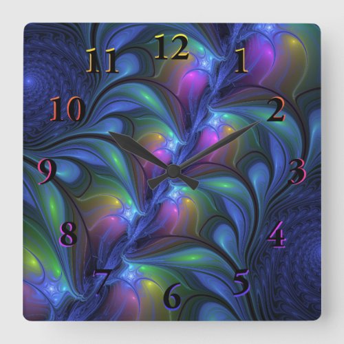 Colorful Luminous Abstract Blue Pink Green Fractal Square Wall Clock