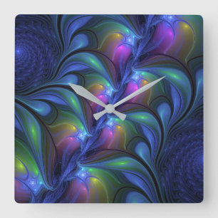 Colorful Luminous Abstract Blue Pink Green Fractal Square Wall Clock