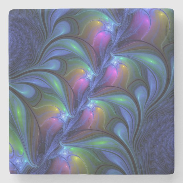 Colorful Luminous Abstract Blue Pink Green Fractal Stone Coaster (Front)