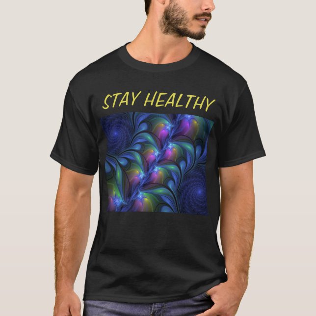 Colorful Luminous Abstract Blue Pink Green Fractal T-Shirt (Front)