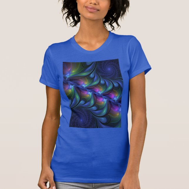 Colorful Luminous Abstract Blue Pink Green Fractal T-Shirt (Front)