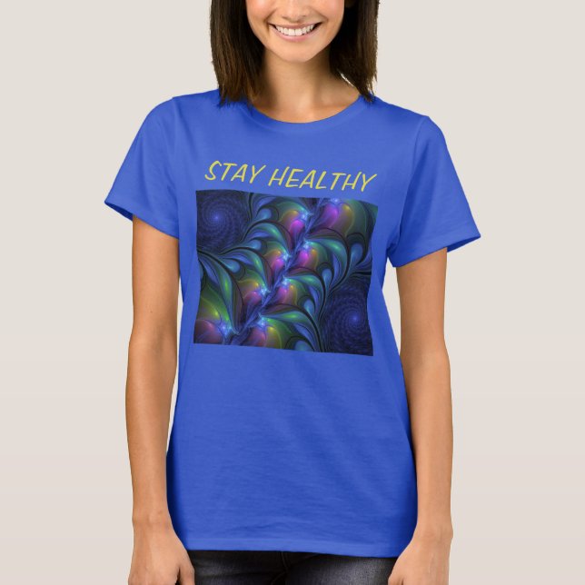 Colorful Luminous Abstract Blue Pink Green Fractal T-Shirt (Front)