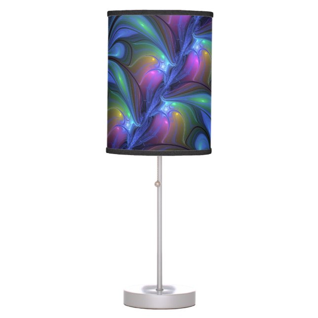 Colorful Luminous Abstract Blue Pink Green Fractal Table Lamp (Front)