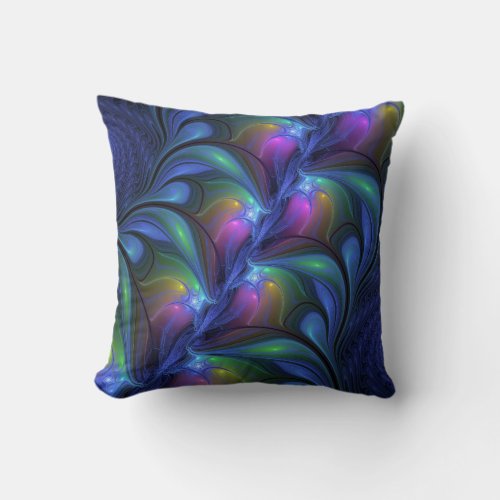 Colorful Luminous Abstract Blue Pink Green Fractal Throw Pillow