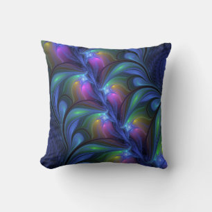 Colorful Luminous Abstract Blue Pink Green Fractal Throw Pillow