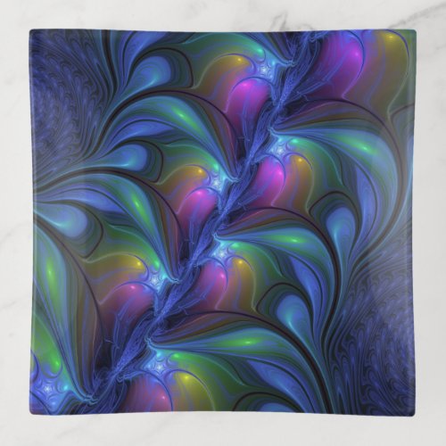 Colorful Luminous Abstract Blue Pink Green Fractal Trinket Tray