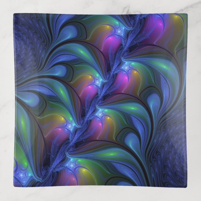 Colorful Luminous Abstract Blue Pink Green Fractal Trinket Tray (Front)