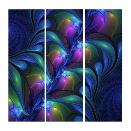 Colorful Luminous Abstract Blue Pink Green Fractal Triptych