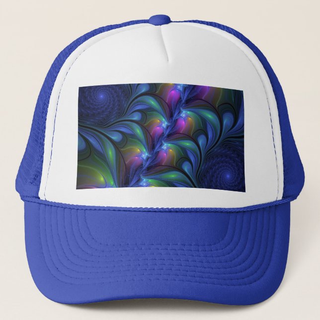 Colorful Luminous Abstract Blue Pink Green Fractal Trucker Hat (Front)