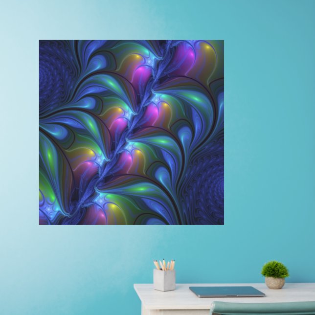 Colorful Luminous Abstract Blue Pink Green Fractal Wall Decal (Home Office)