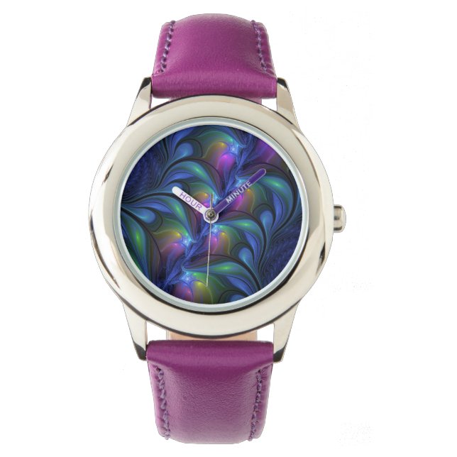 Colorful Luminous Abstract Blue Pink Green Fractal Watch (Front)