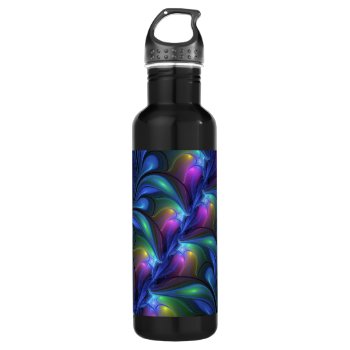 Colorful Luminous Abstract Blue Pink Green Fractal Water Bottle by GabiwArt at Zazzle