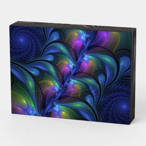 Colorful Luminous Abstract Blue Pink Green Fractal Wooden Box Sign