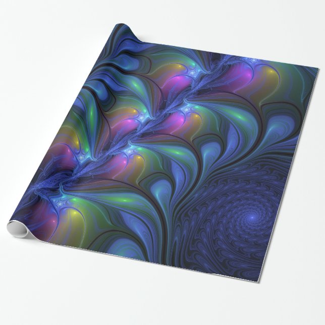Colorful Luminous Abstract Blue Pink Green Fractal Wrapping Paper (Unrolled)