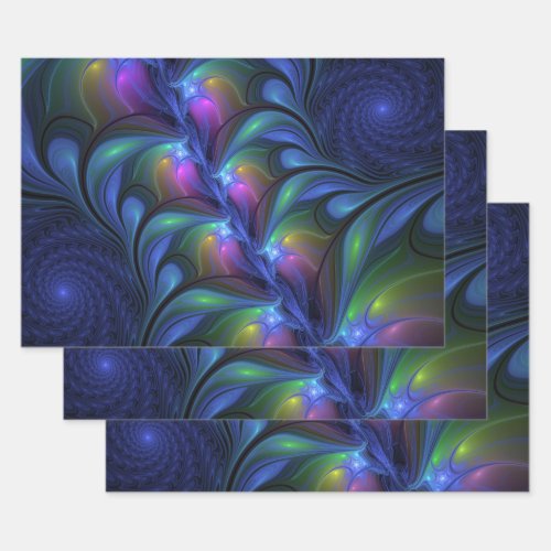 Colorful Luminous Abstract Blue Pink Green Fractal Wrapping Paper Sheets