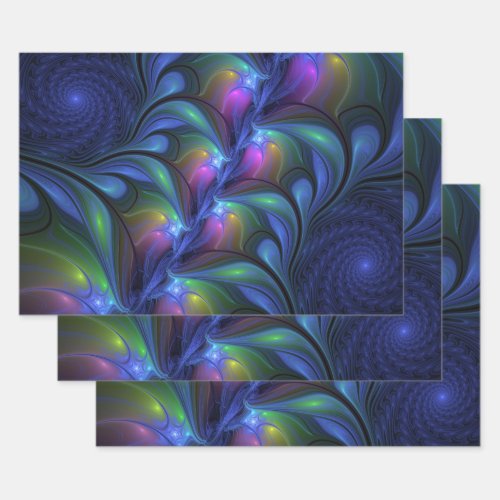 Colorful Luminous Abstract Blue Pink Green Fractal Wrapping Paper Sheets