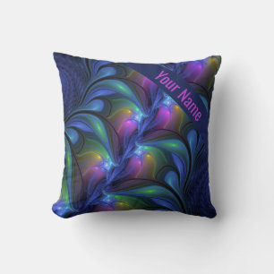 Colorful Luminous Abstract Blue Pink Green Name Throw Pillow