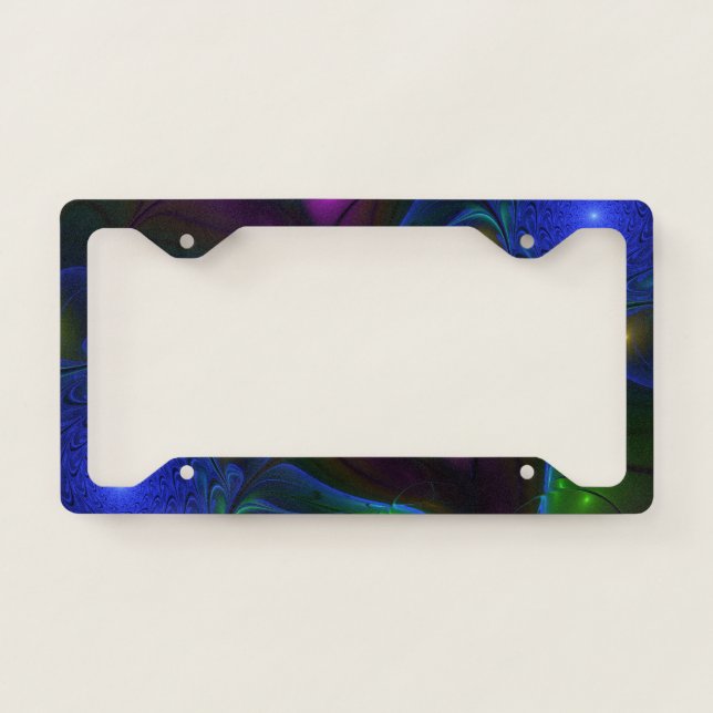 Colorful Luminous Abstract Modern Fractal Art License Plate Frame (Front)
